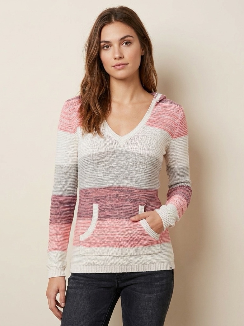 Roxy Striped Pink and Cream V-Neck Hooded Sweater